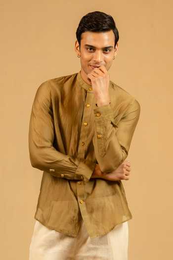 Buy_Gaurav katta_Olive Green Silk, Chanderi Shirt 