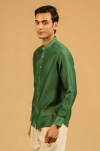 Gaurav katta_Green Silk, Chanderi Mandarin Collar Shirt _Online_at_Aza_Fashions