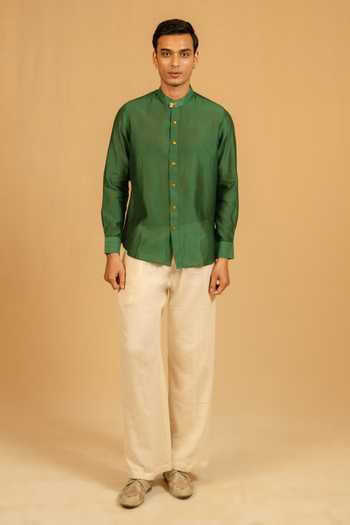 Shop_Gaurav katta_Green Silk, Chanderi Mandarin Collar Shirt _at_Aza_Fashions