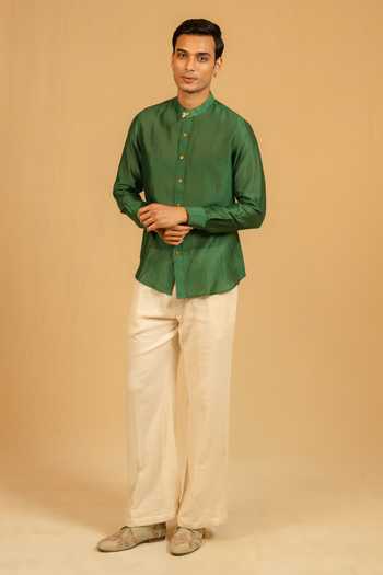 Buy_Gaurav katta_Green Silk, Chanderi Mandarin Collar Shirt _Online_at_Aza_Fashions