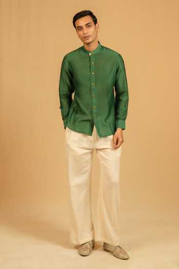 Shop_Gaurav katta_Green Silk, Chanderi Mandarin Collar Shirt _Online_at_Aza_Fashions