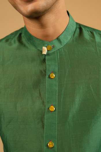 Gaurav katta_Green Silk, Chanderi Mandarin Collar Shirt _at_Aza_Fashions