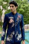 Buy_Sahil Kochhar_Navy Silk Applique, Embroidery Rivarg Bandhgala Set _Online_at_Aza_Fashions