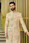 Sahil Kochhar_Beige Silk Applique, Embroidery Tishant Sherwani Set _Online_at_Aza_Fashions
