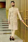 Buy_Sahil Kochhar_Beige Silk Applique, Embroidery Tishant Sherwani Set _at_Aza_Fashions