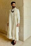 Shop_Sahil Kochhar_Ivory Silk Applique, Embroidery Ronit Sherwani Set _at_Aza_Fashions