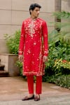 Buy_Sahil Kochhar_Red Silk Embroidery, Applique Viful Kurta Set _at_Aza_Fashions