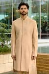 Buy_Sahil Kochhar_Beige Silk Embroidery, Applique Anish Asymmetric Sherwani Set _Online_at_Aza_Fashions