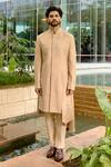 Buy_Sahil Kochhar_Beige Silk Embroidery, Applique Anish Asymmetric Sherwani Set _at_Aza_Fashions