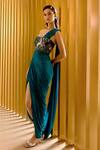 Buy_Sahil Kochhar_Teal Silk, Crepe Embroidery, Applique One Shoulder Dharavi Draped Saree Gown _at_Aza_Fashions