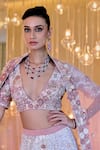 Sahil Kochhar_Pink Silk, Net Applique V-neck Darshna Soft Lehenga Set _Online_at_Aza_Fashions