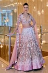 Buy_Sahil Kochhar_Pink Silk, Net Applique V-neck Darshna Soft Lehenga Set _at_Aza_Fashions