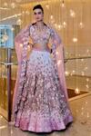 Shop_Sahil Kochhar_Pink Silk, Net Applique V-neck Darshna Soft Lehenga Set _at_Aza_Fashions