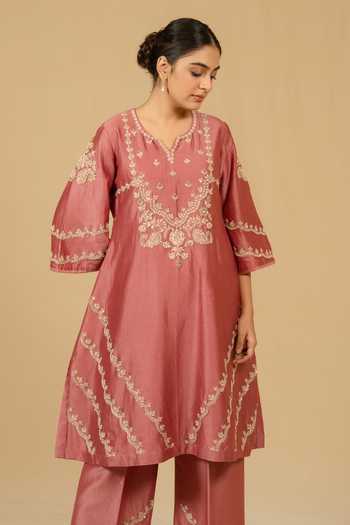 Gaurav katta_Pink Silk, Chanderi Embroidery Split V-neck, Yes Kurta And Pant Set _Online_at_Aza_Fashions