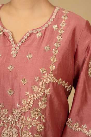 Buy_Gaurav katta_Pink Silk, Chanderi Embroidery Split V-neck, Yes Kurta And Pant Set _Online_at_Aza_Fashions