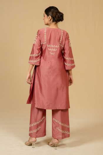 Shop_Gaurav katta_Pink Silk, Chanderi Embroidery Split V-neck, Yes Kurta And Pant Set _at_Aza_Fashions