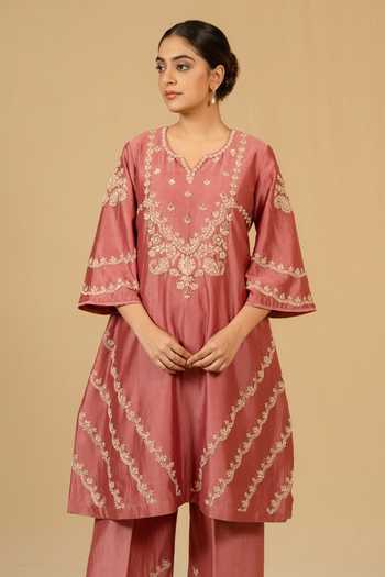 Shop_Gaurav katta_Pink Silk, Chanderi Embroidery Split V-neck, Yes Kurta And Pant Set _Online_at_Aza_Fashions