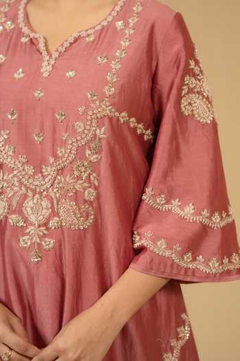 Gaurav katta_Pink Silk, Chanderi Embroidery Split V-neck, Yes Kurta And Pant Set _at_Aza_Fashions