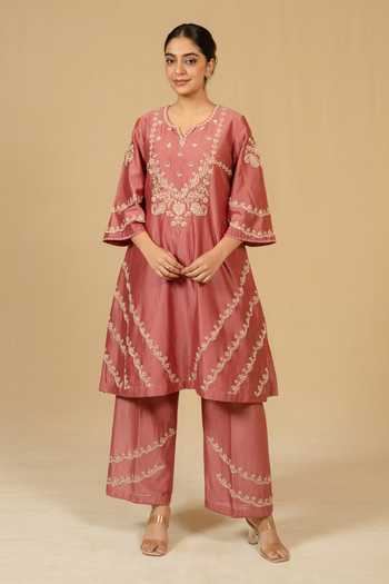 Shop_Gaurav katta_Pink Silk, Chanderi Embroidery Split V-neck, Yes Kurta And Pant Set _Online