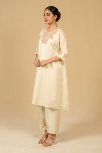 Shop_Gaurav katta_Ivory Silk, Chanderi Embroidery Round Neck, Yes Kurta And Pant Set _Online_at_Aza_Fashions