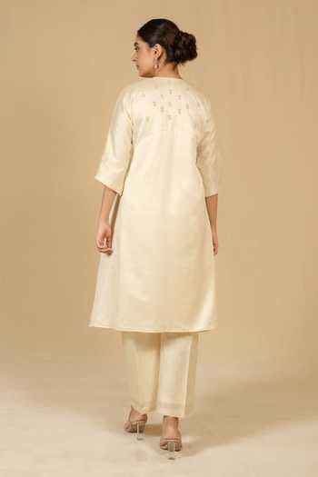 Shop_Gaurav katta_Ivory Silk, Chanderi Embroidery Round Neck, Yes Kurta And Pant Set _at_Aza_Fashions