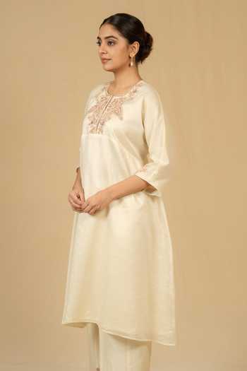 Shop_Gaurav katta_Ivory Silk, Chanderi Embroidery Round Neck, Yes Kurta And Pant Set _Online