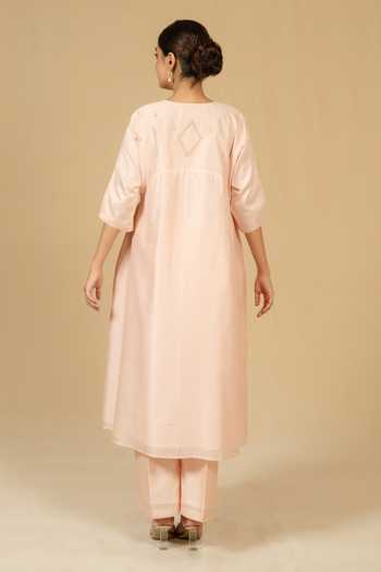 Shop_Gaurav katta_Pink Silk, Chanderi Embroidery Round Neck, Yes Straight Kurta And Pant Set _at_Aza_Fashions