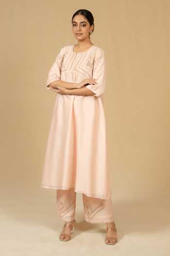Buy_Gaurav katta_Pink Silk, Chanderi Embroidery Round Neck, Yes Straight Kurta And Pant Set _Online_at_Aza_Fashions