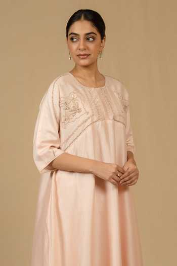 Shop_Gaurav katta_Pink Silk, Chanderi Embroidery Round Neck, Yes Straight Kurta And Pant Set _Online_at_Aza_Fashions