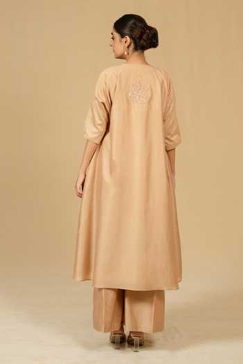 Shop_Gaurav katta_Beige Silk, Chanderi Embroidery Round Neck Kurta And Pant Set _at_Aza_Fashions