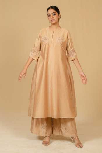 Gaurav katta_Beige Silk, Chanderi Embroidery Round Neck Kurta And Pant Set _Online_at_Aza_Fashions