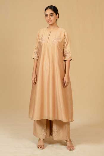 Shop_Gaurav katta_Beige Silk, Chanderi Embroidery Round Neck Kurta And Pant Set _Online_at_Aza_Fashions