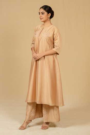 Gaurav katta_Beige Silk, Chanderi Embroidery Round Neck Kurta And Pant Set _at_Aza_Fashions