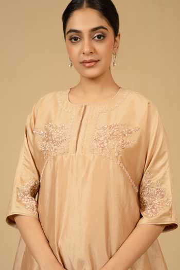 Shop_Gaurav katta_Beige Silk, Chanderi Embroidery Round Neck Kurta And Pant Set 