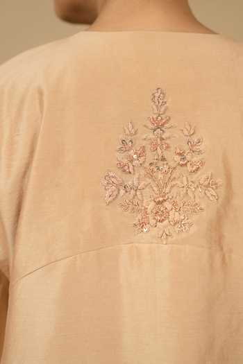 Gaurav katta_Beige Silk, Chanderi Embroidery Round Neck Kurta And Pant Set _Online