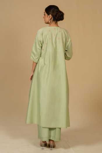 Shop_Gaurav katta_Green Silk, Chanderi Embroidery Square Neck Kurta And Pant Set _at_Aza_Fashions