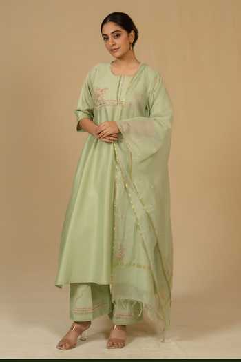 Buy_Gaurav katta_Green Silk, Chanderi Embroidery Square Neck Kurta And Pant Set _at_Aza_Fashions