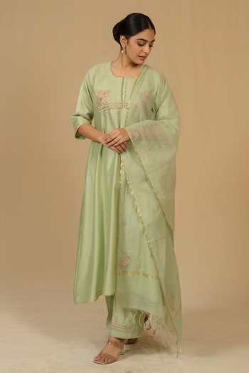 Gaurav katta_Green Silk, Chanderi Embroidery Square Neck Kurta And Pant Set _at_Aza_Fashions