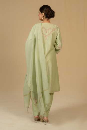 Shop_Gaurav katta_Green Silk, Chanderi Embroidery V-neck Kurta And Pant Set _at_Aza_Fashions