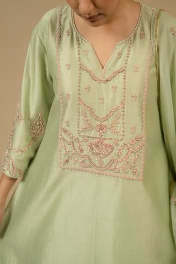 Gaurav katta_Green Silk, Chanderi Embroidery V-neck Kurta And Pant Set _Online
