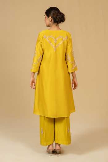 Shop_Gaurav katta_Yellow Silk, Chanderi Embroidery Split V-neck Kurta And Pant Set _at_Aza_Fashions
