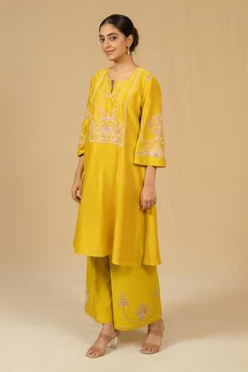 Gaurav katta_Yellow Silk, Chanderi Embroidery Split V-neck Kurta And Pant Set _Online_at_Aza_Fashions