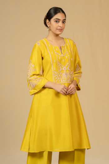 Gaurav katta_Yellow Silk, Chanderi Embroidery Split V-neck Kurta And Pant Set _at_Aza_Fashions