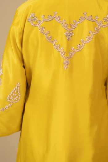 Gaurav katta_Yellow Silk, Chanderi Embroidery Split V-neck Kurta And Pant Set _Online
