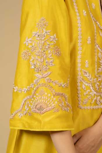 Shop_Gaurav katta_Yellow Silk, Chanderi Embroidery Split V-neck Kurta And Pant Set _Online