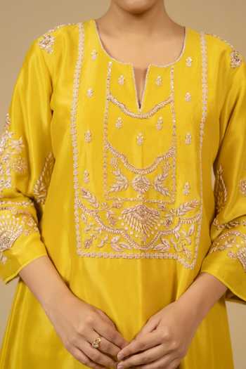 Gaurav katta_Yellow Silk, Chanderi Embroidery Split V-neck Kurta And Pant Set 