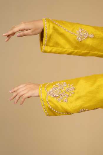 Gaurav katta_Yellow Silk, Chanderi Embroidery V-neck, Yes Kurta And Pant Set _Online_at_Aza_Fashions