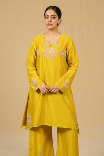 Shop_Gaurav katta_Yellow Silk, Chanderi Embroidery V-neck, Yes Kurta And Pant Set _Online_at_Aza_Fashions