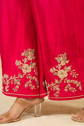 Gaurav katta_Pink Silk, Chanderi Zari V-neck, Yes Embroidered Kurta And Pant Set _Online_at_Aza_Fashions