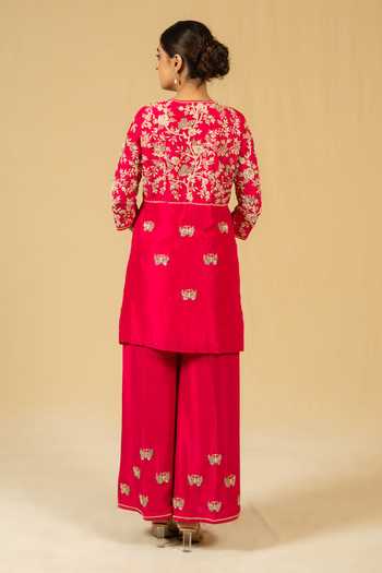 Shop_Gaurav katta_Pink Silk, Chanderi Zari V-neck, Yes Embroidered Kurta And Pant Set _at_Aza_Fashions